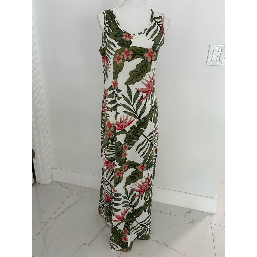 LuLaRoe Ana Maxi Dress Large Tropical Floral Palm Hibiscus Sleeveless White Pink